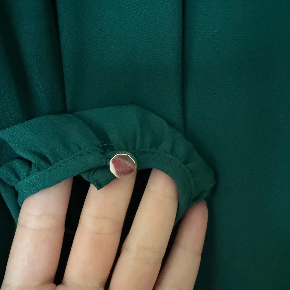 White House Black Market | Dark Green Tie Blouse - Picture 4 of 13